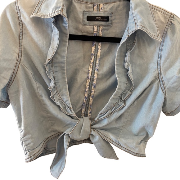 Jane Norman Cropped Denim Tie Front Shirt Blue Size M/L UK 14 - Picture 3 of 10